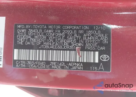 2011 Toyota Corolla Le из США, поврежденный, VIN JTDBU4EE6BJ093516